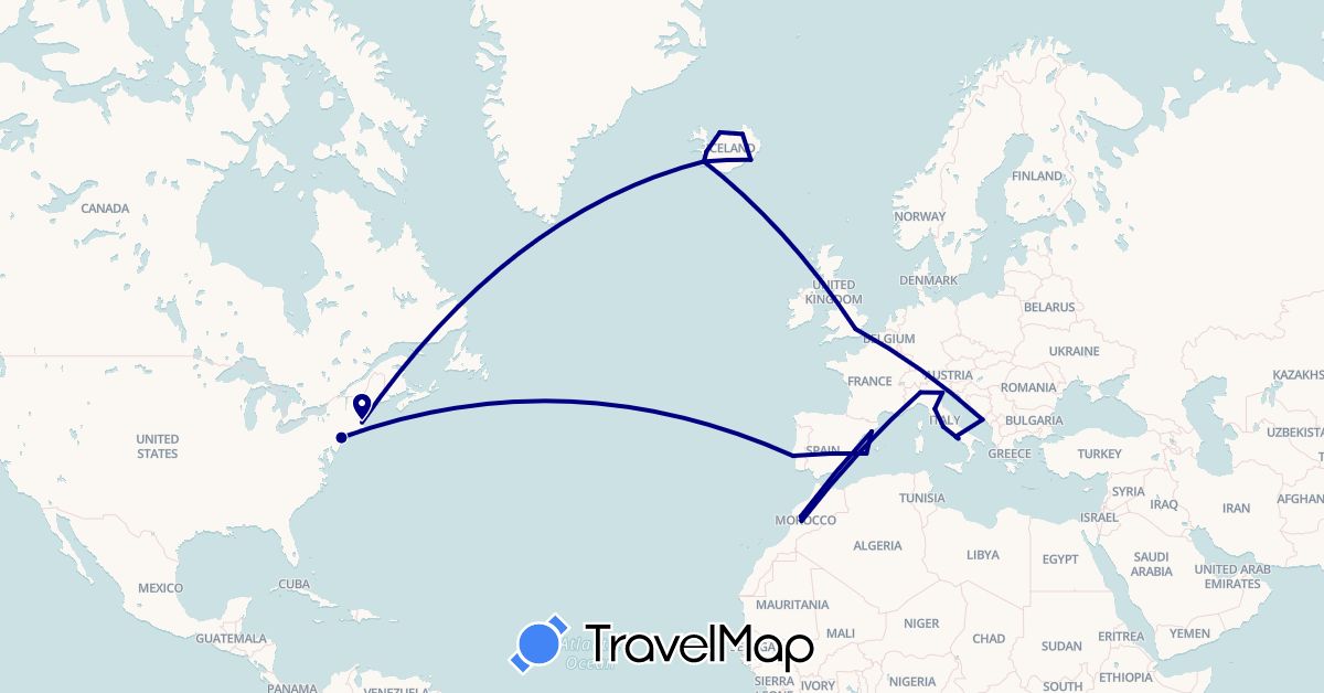 TravelMap itinerary: driving in Spain, United Kingdom, Croatia, Iceland, Italy, Morocco, Portugal, United States (Africa, Europe, North America)